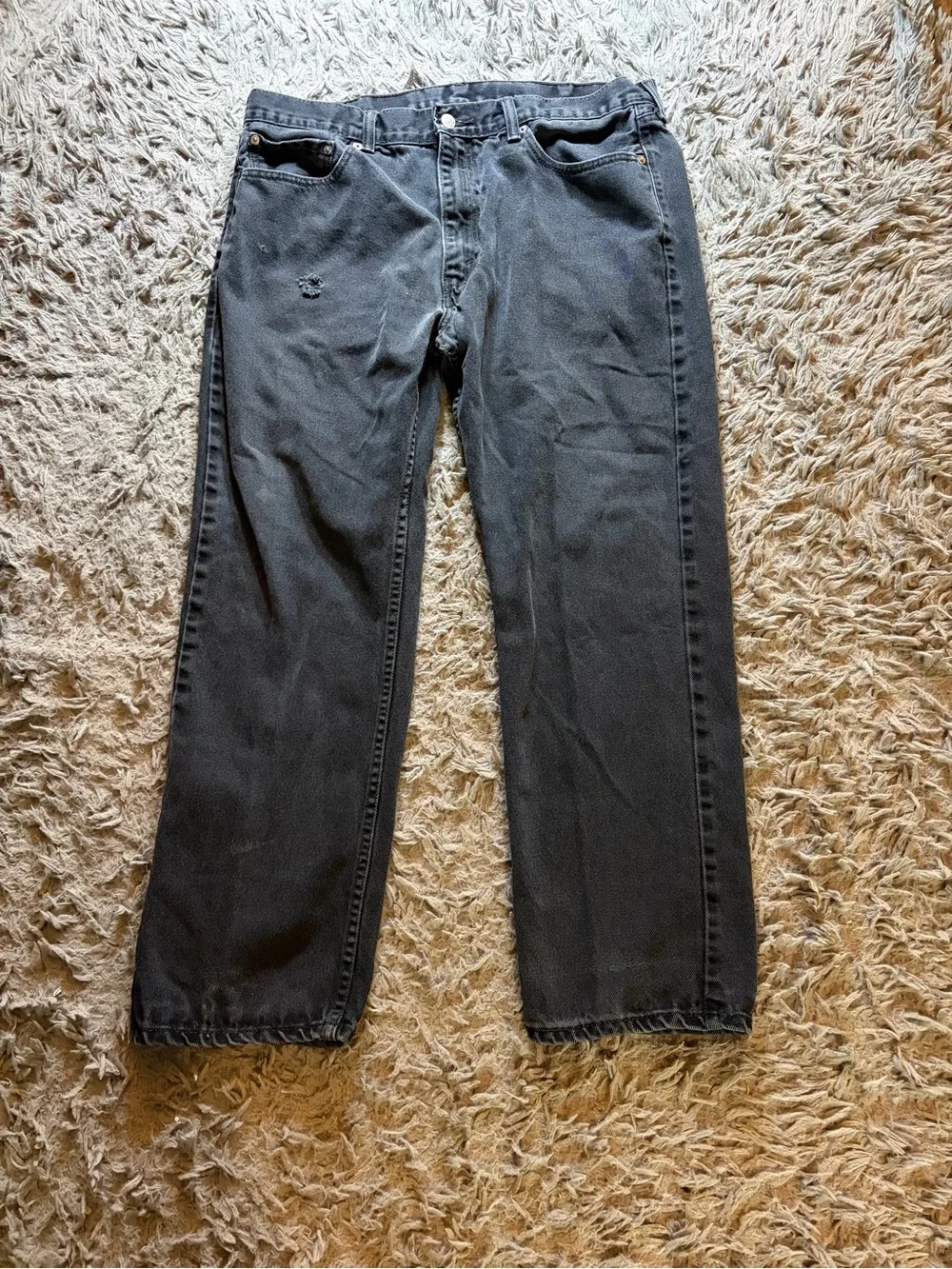 Levis 505 men’s distressed faded black regular fit jeans sz 38x30